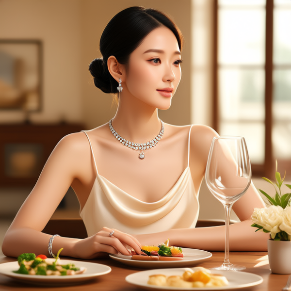 生活瞬间，美女，韩系美女，丝绸，美妆广告，家庭餐桌，4K超清，写实风格，温馨，柔和室内光，皮肤细腻，项链，耳环，手链。